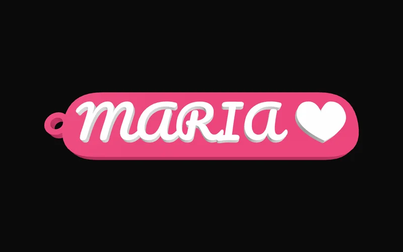 Chaveiro 3D com o nome Maria em fonte cursiva branca, base pílula rosa e coração