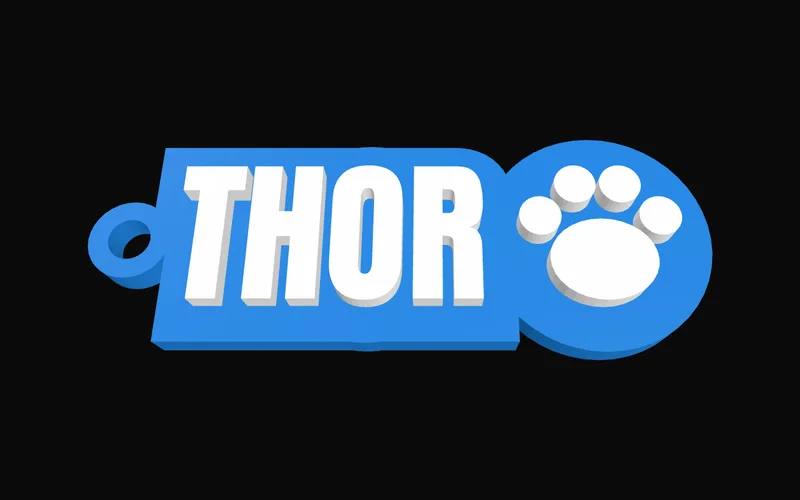 Tag 3D para coleira de pet com o nome Thor, patinha e base em formato silhueta azul