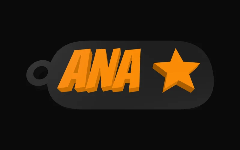 Chaveiro 3D estilo quadrinhos com o nome Ana laranja, estrela e base pílula preta